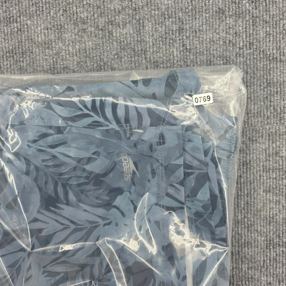 Speedo Mens Blue Tropical Leaf Print Swim Trunks Board Shorts 7778276 Large